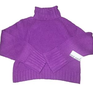 NWT Nine West Purple Pansy Jewel Ribbed Turtleneck Wool‎ Sweater Long Sleeve S